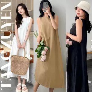 Váy nữ sát nách có túi dáng dài form rộng chất đũi gân không cổ vintage Đầm nữ basic đi biển du lịch dáng suông bầu T81G