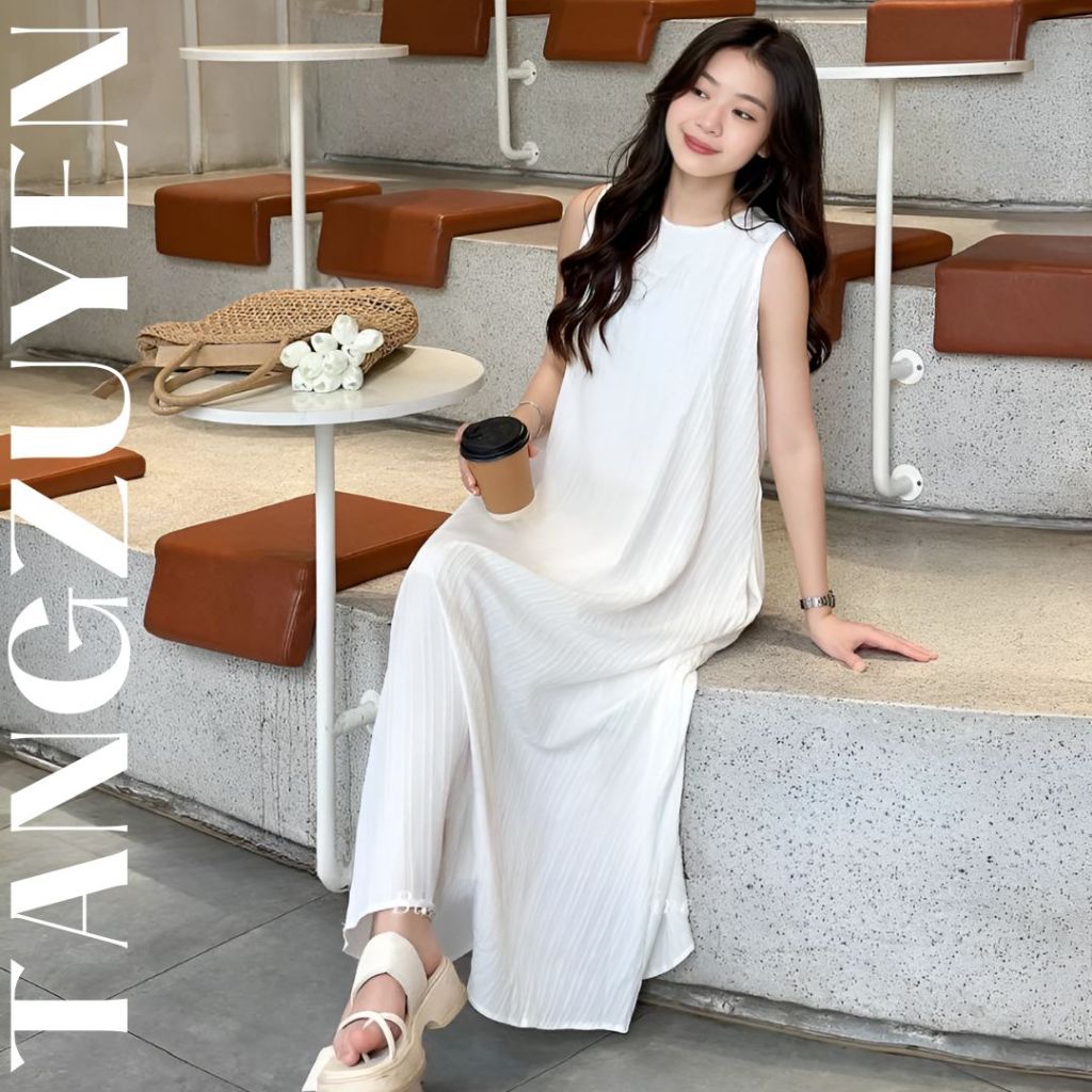 Váy nữ sát nách có túi dáng dài form rộng chất đũi gân không cổ vintage Đầm nữ basic đi biển du lịch dáng suông bầu T81G