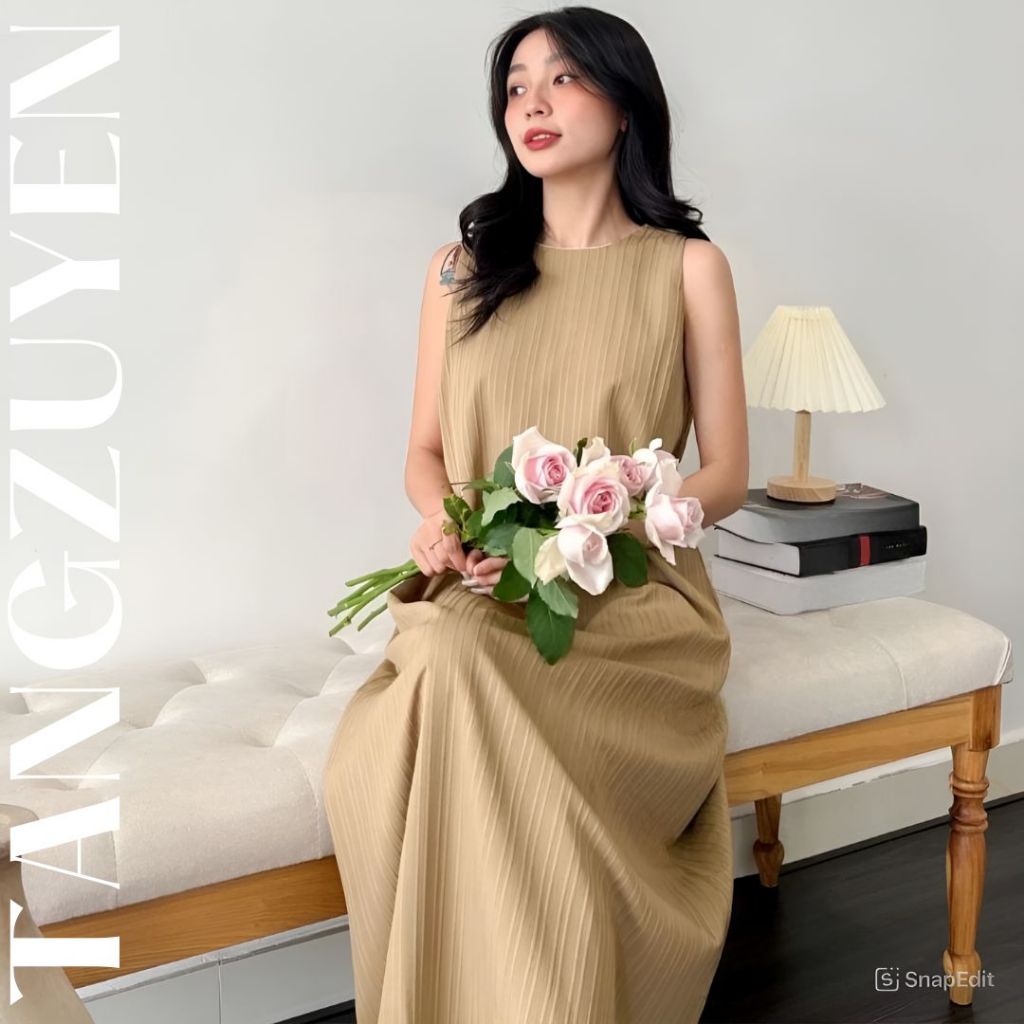 Váy nữ sát nách có túi dáng dài form rộng chất đũi gân không cổ vintage Đầm nữ basic đi biển du lịch dáng suông bầu T81G