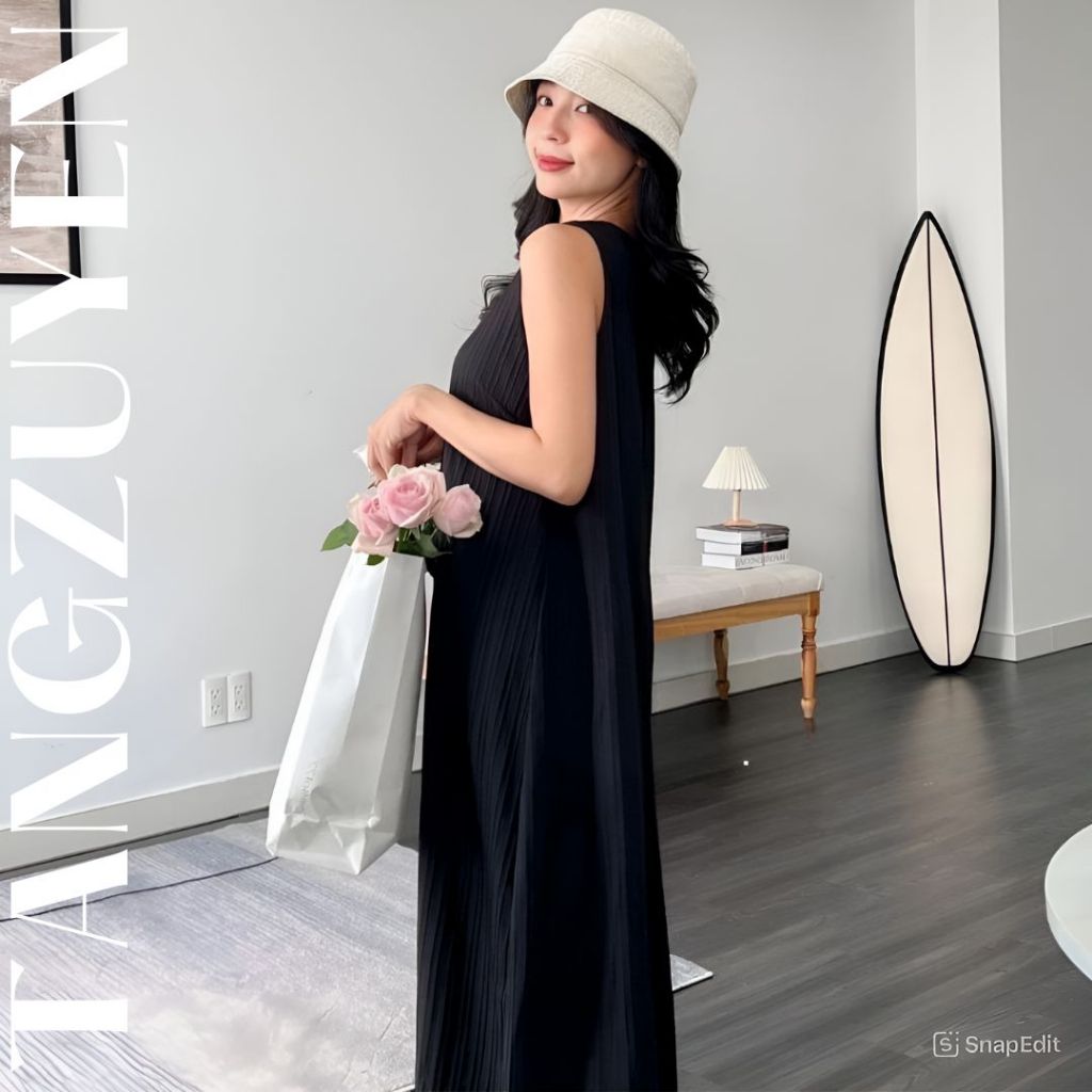 Váy nữ sát nách có túi dáng dài form rộng chất đũi gân không cổ vintage Đầm nữ basic đi biển du lịch dáng suông bầu T81G