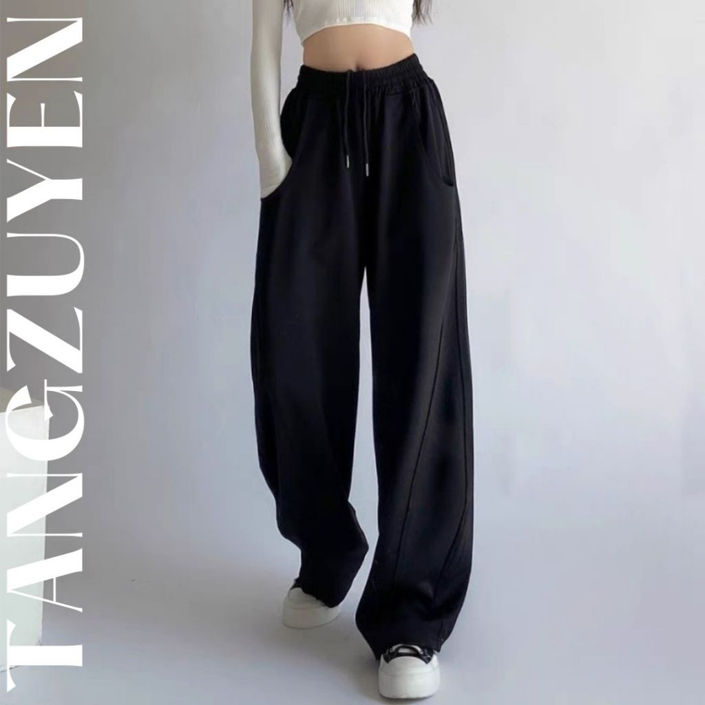 Quần ống trộng dây rút trơn nhấn li cạp chun basic chất nỉ bc cotton Quần ống suông thể thao trẻ trung T388G