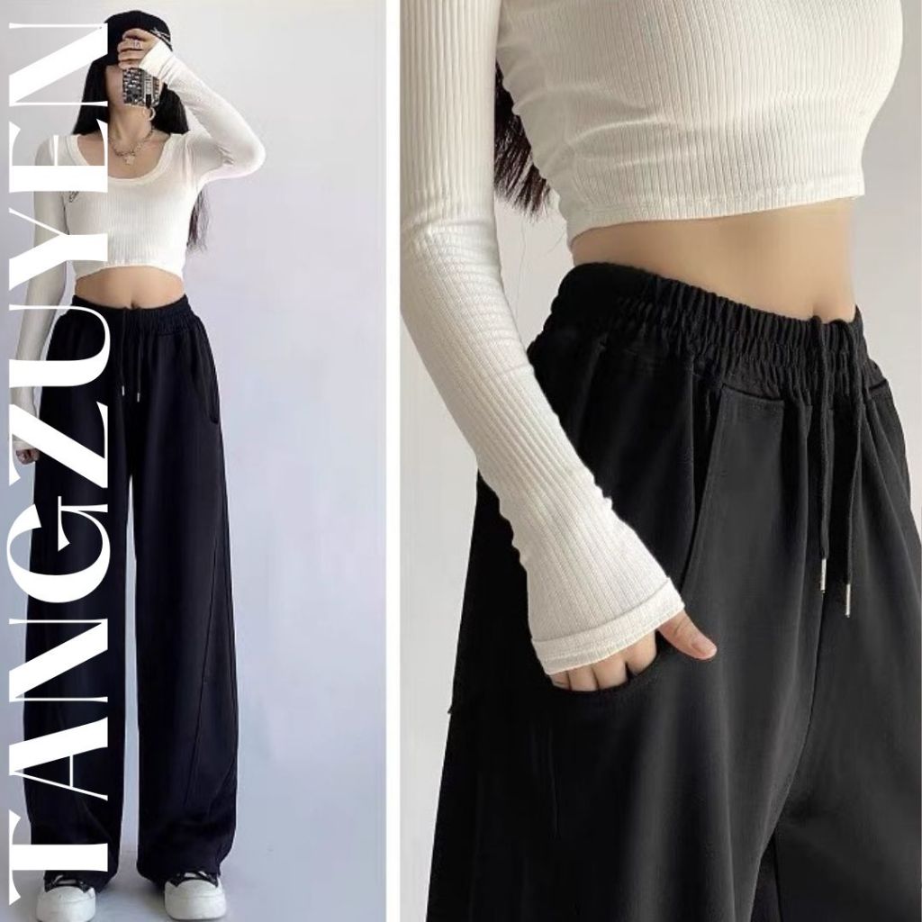 Quần ống trộng dây rút trơn nhấn li cạp chun basic chất nỉ bc cotton Quần ống suông thể thao trẻ trung T388G