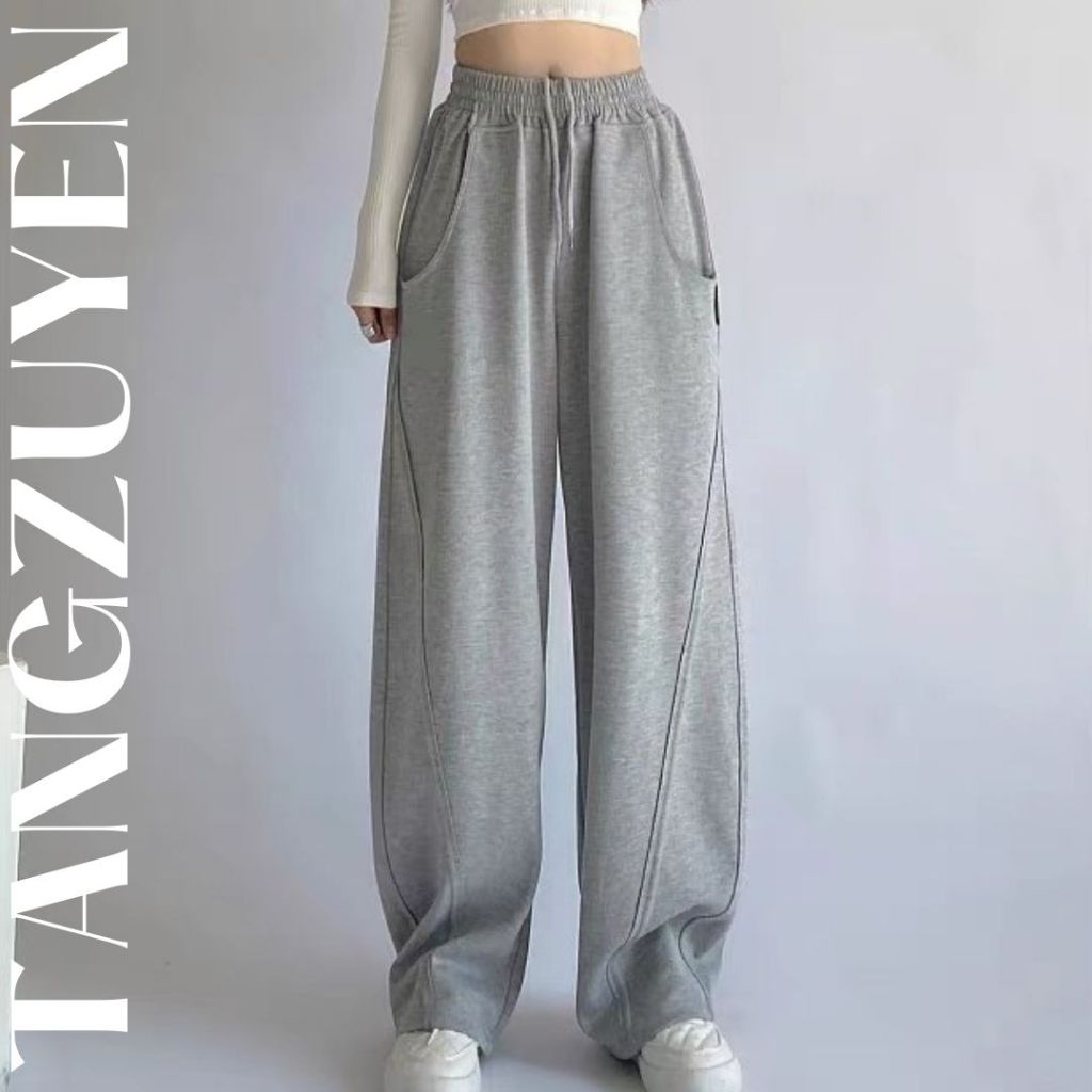 Quần ống trộng dây rút trơn nhấn li cạp chun basic chất nỉ bc cotton Quần ống suông thể thao trẻ trung T388G
