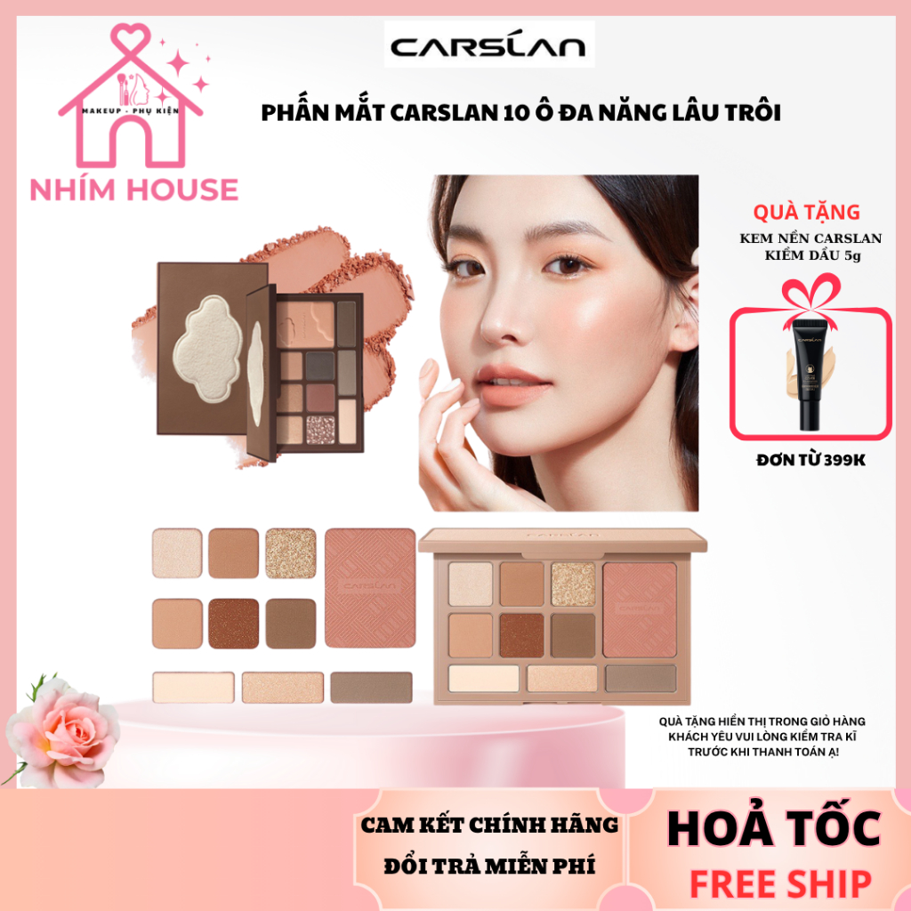 CARSLAN Phấn Mắt 10 Màu tiện lợi kèm Phấn Má Hồng Bắt Sáng Tạo Khối 12g | NHÍM HOUSE