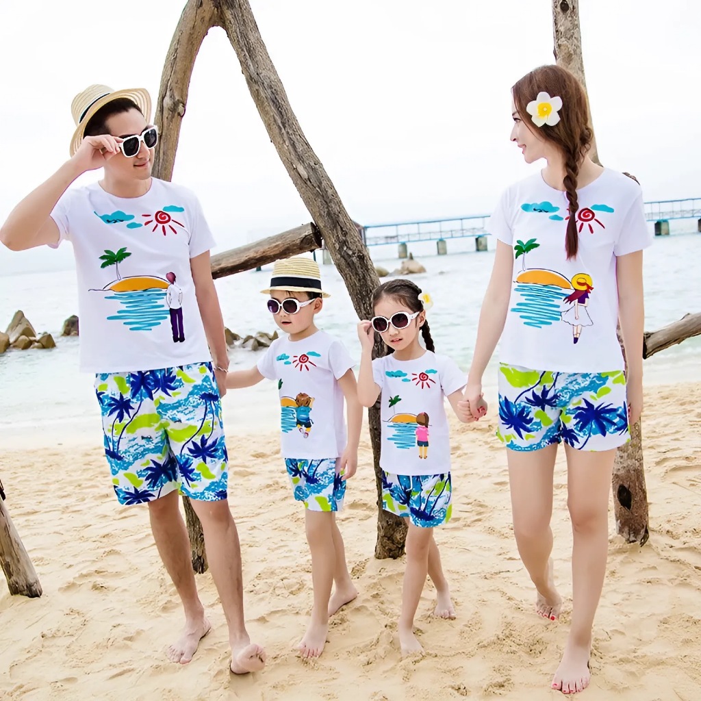 Đồ đi biển cho gia đình gồm áo và quần họa tiết dễ thương mát mẻ chuẩn form chất áo cotton mát mẻ