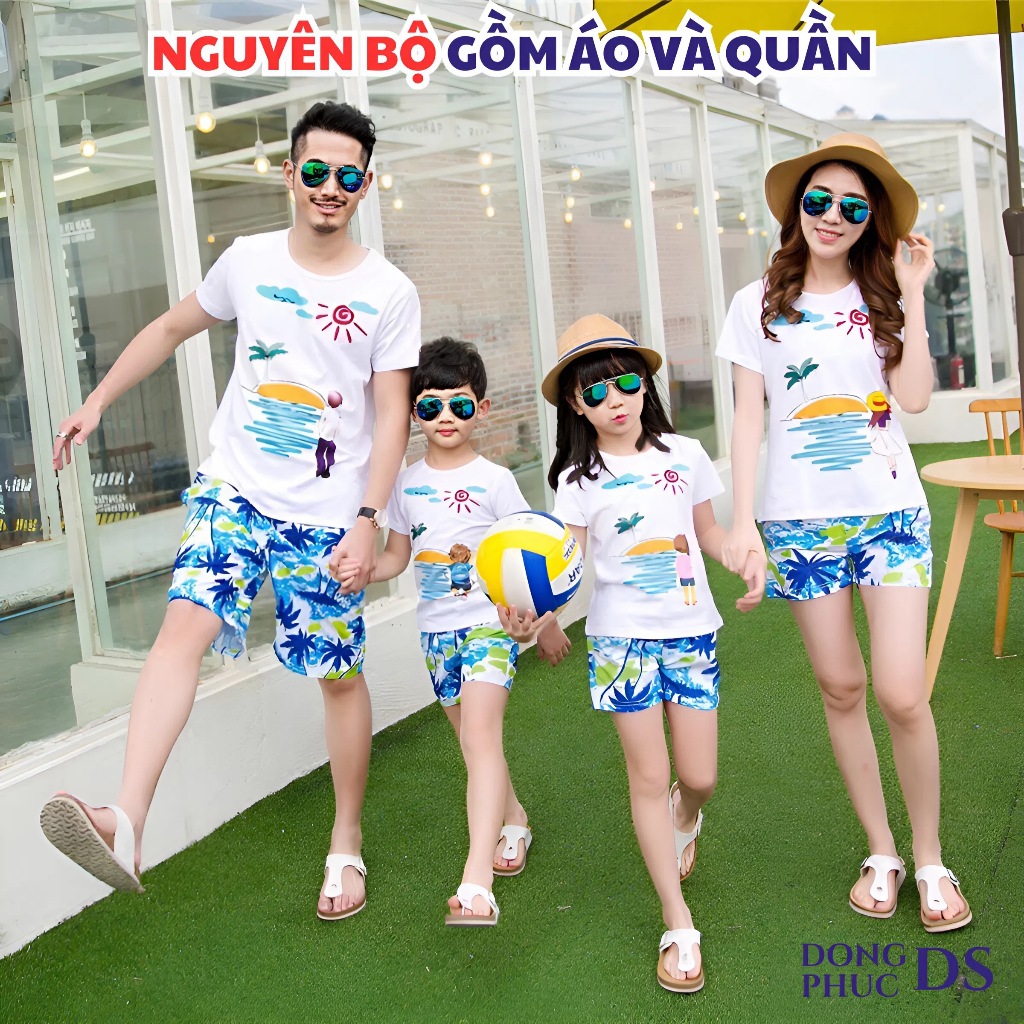 Đồ đi biển cho gia đình gồm áo và quần họa tiết dễ thương mát mẻ chuẩn form chất áo cotton mát mẻ