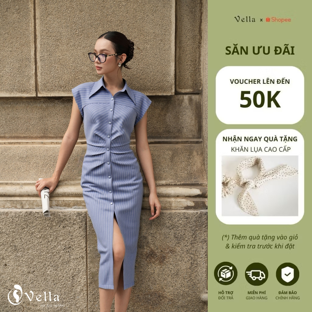 Đầm công sở cổ sơ mi dáng ôm xếp ly tôn dáng sang trọng – Vella Fashion VD25061