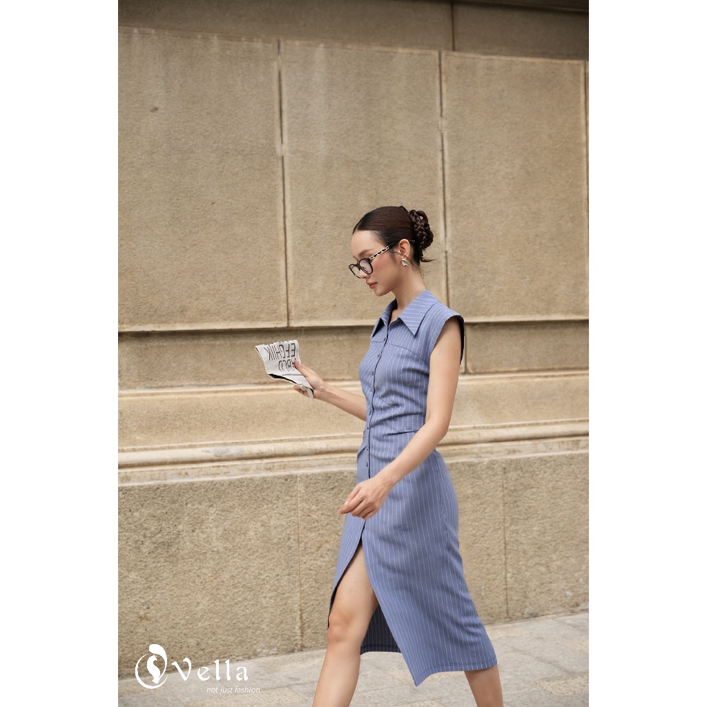 Đầm công sở cổ sơ mi dáng ôm xếp ly tôn dáng sang trọng – Vella Fashion VD25061