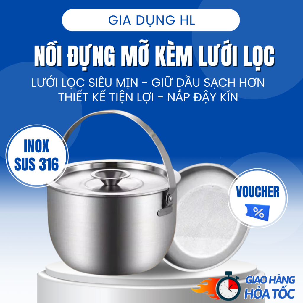 Nồi lọc dầu mỡ inox 316 đa năng đựng dầu ăn tiện lợi, có lưới lọc, an toàn thực phẩm