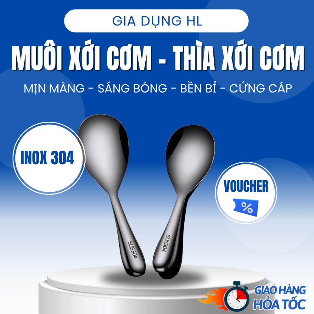 Muôi Xới Cơm Inox SUS 304 Cao Cấp, Muỗng, Vá, Thìa Xới Cơm Sáng Bóng, Cách Nhiệt Tiện Lợi