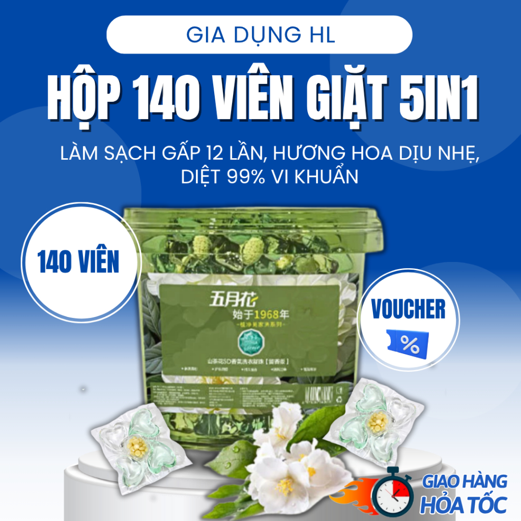 Hộp 140 viên giặt 5IN1 khử khuẩn 99% hương hoa dịu nhẹ, Viên giặt xả thơm làm mềm quần áo