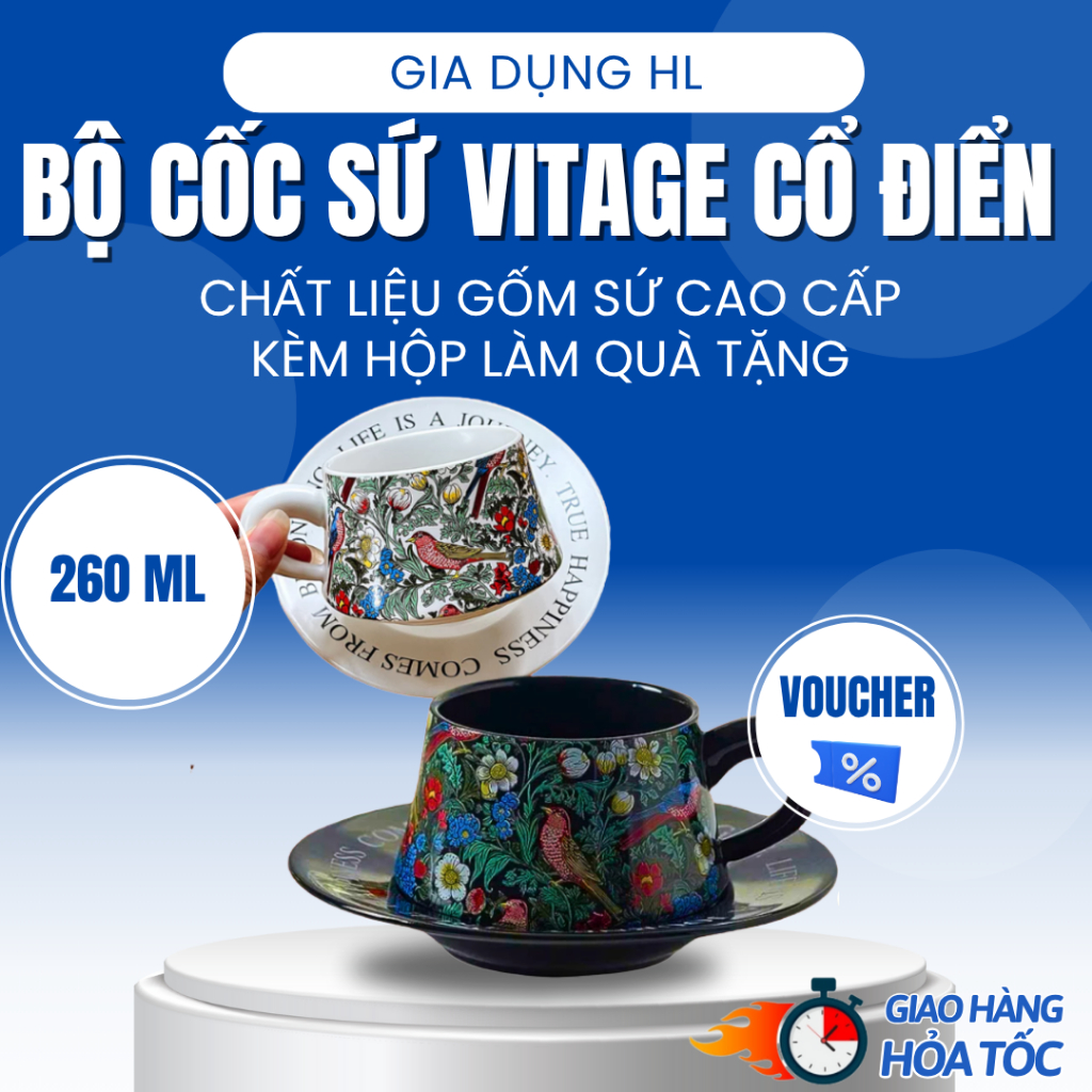Bộ Cốc Đĩa Gốm Sứ Cao Cấp Vitage Phong Cách Bắc Âu Họa Tiết Hoa Cổ Điển Kèm Hộp Dùng Làm Quà Tặng