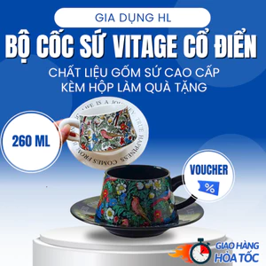 Bộ Cốc Đĩa Gốm Sứ Cao Cấp Vitage Phong Cách Bắc Âu Họa Tiết Hoa Cổ Điển Kèm Hộp Dùng Làm Quà Tặng