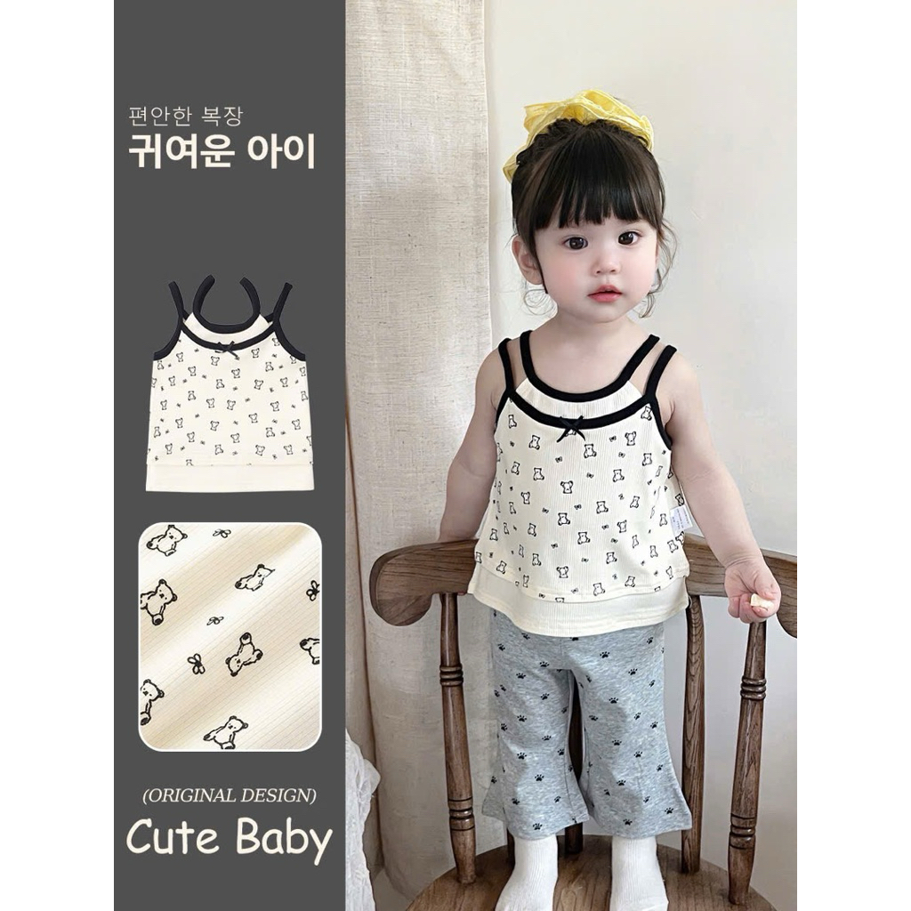 (Sẵn 73) Áo 2 dây vắt điệu hoạ tiết nhỏ xinh kèm quần ống loe vừa dành cho bé gái