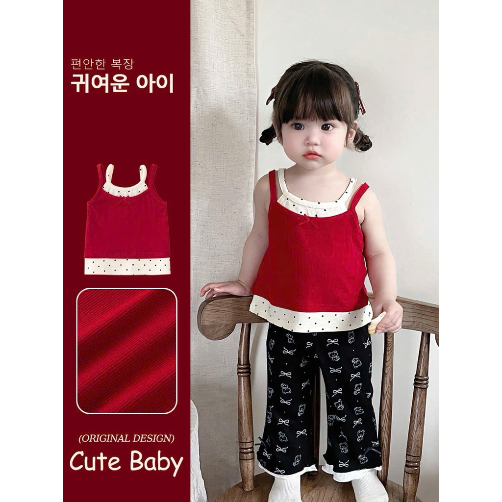 (Sẵn 73) Áo 2 dây vắt điệu hoạ tiết nhỏ xinh kèm quần ống loe vừa dành cho bé gái