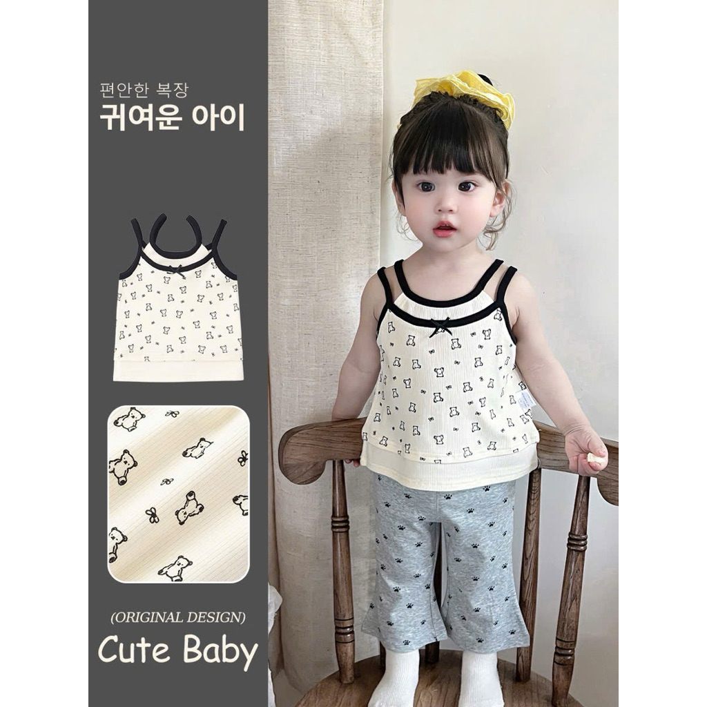 (Sẵn 73) Áo 2 dây vắt điệu hoạ tiết nhỏ xinh kèm quần ống loe vừa dành cho bé gái