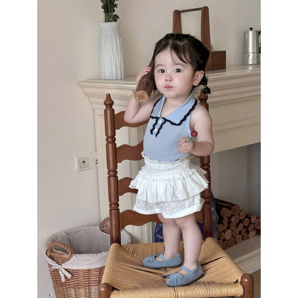 (Order) Áo cổ yếm hở lưng vải len mỏng mùa hè dành cho bé gái