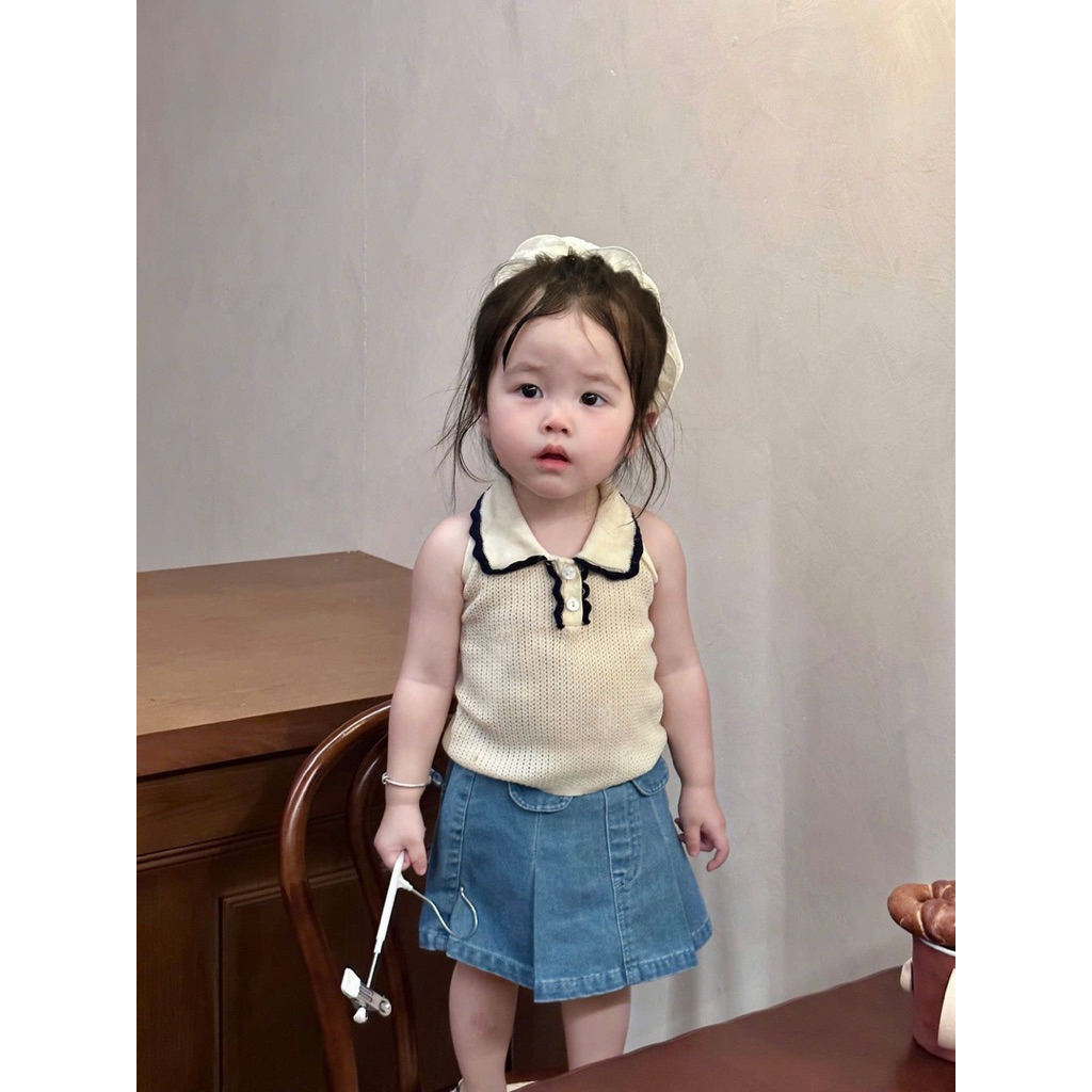 (Order) Áo cổ yếm hở lưng vải len mỏng mùa hè dành cho bé gái