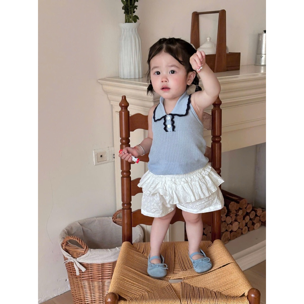 (Order) Áo cổ yếm hở lưng vải len mỏng mùa hè dành cho bé gái