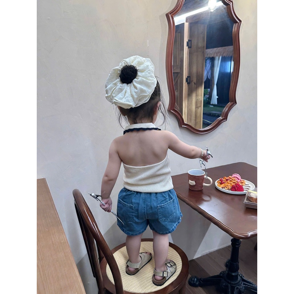 (Order) Áo cổ yếm hở lưng vải len mỏng mùa hè dành cho bé gái