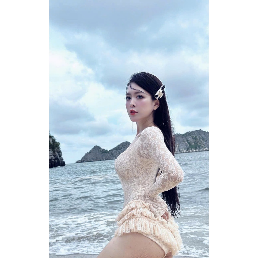 [Có Cúc] Đồ bơi đi biển BODYSUIT REN TAY DÀI vuông ôm sát body chân nhún bèo viền xếp tầng xinh xắn nhẹ nhàng [BKN 921]