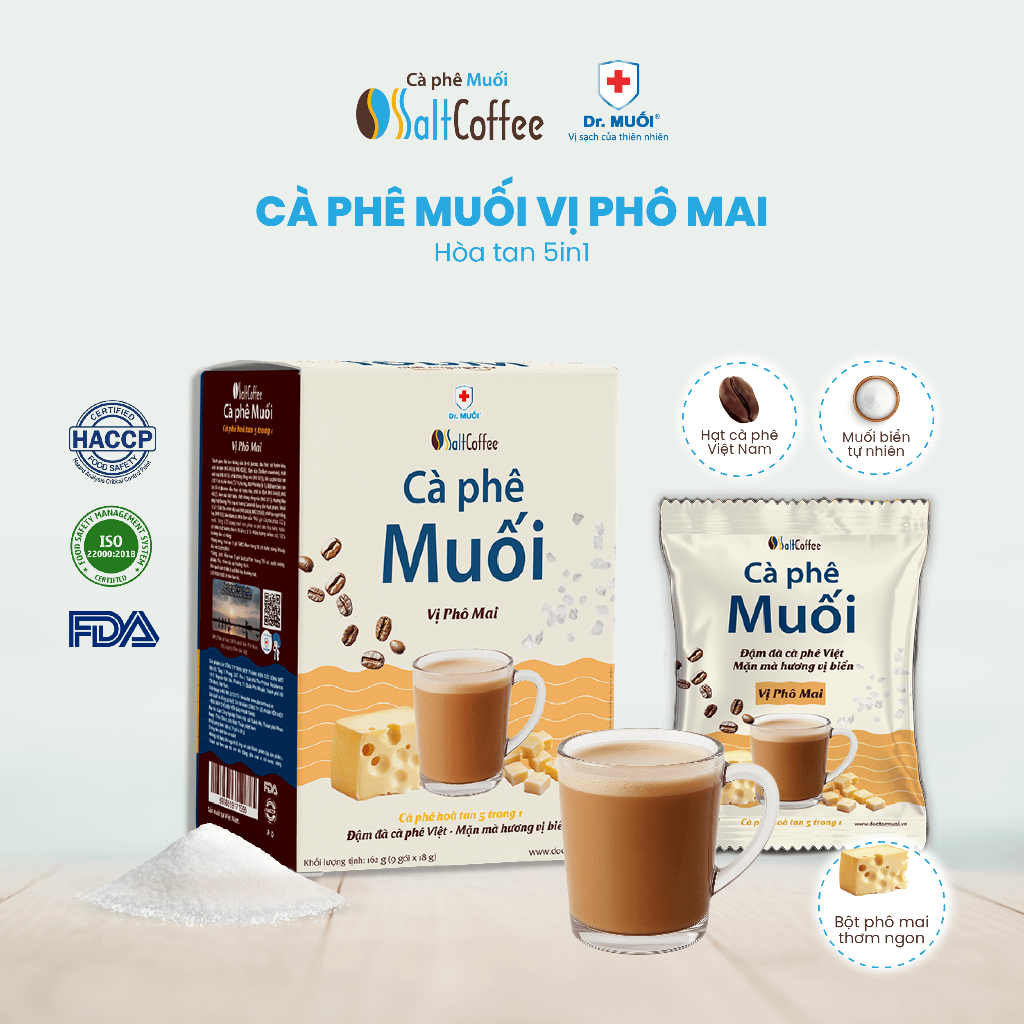 Cà Phê Muối Hòa Tan SaltCoffee Vị Phô Mai, Cafe 5in1 Với Bột Kem Phô Mai Béo Thơm Đậm Đà (Hộp 9 Gói)- Dr Muối