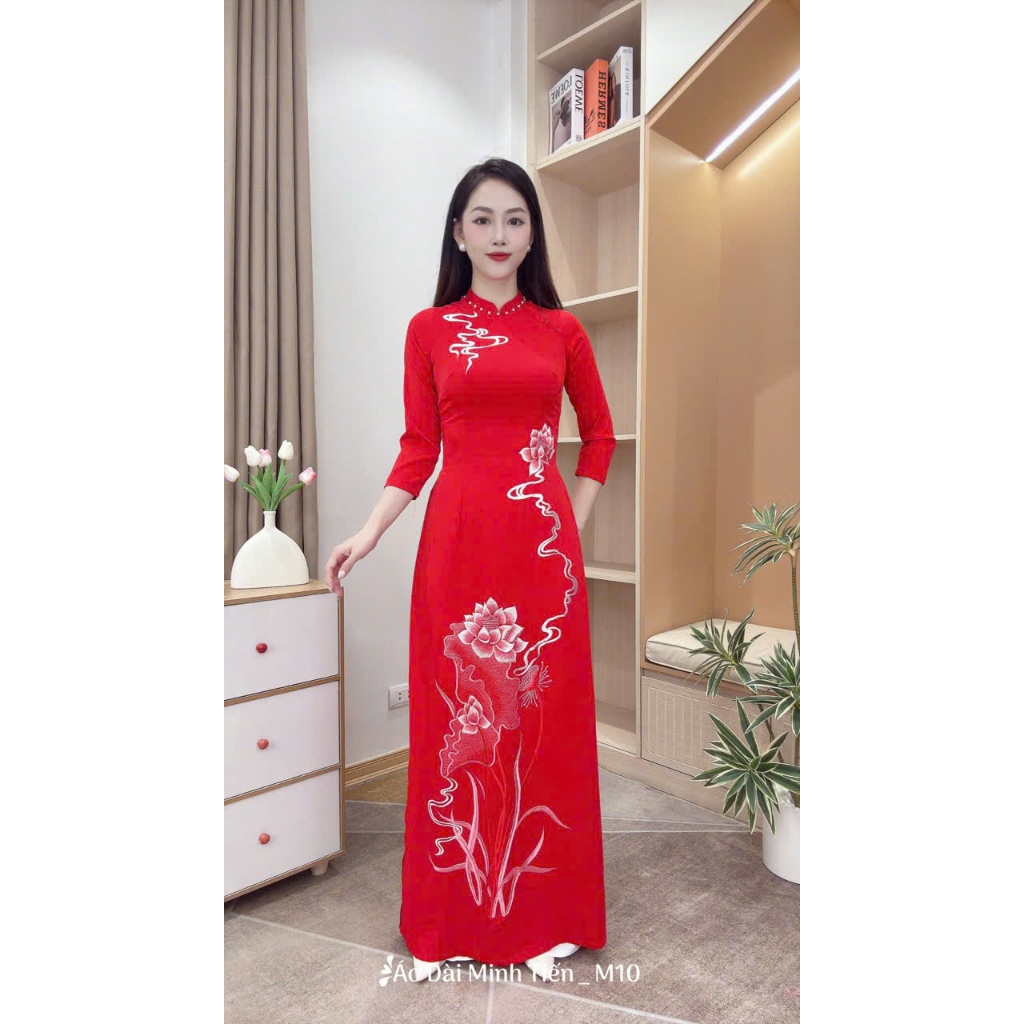 Áo Dài Lụa Mỹ Cao Cấp Họa Tiết Thêu Thủ Công Tỉ Mỉ - Mã M10