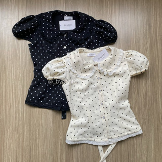 Bibi Puff | Áo kiểu cổ bèo hoạ tiết chấm bi, form tay phồng, phối dây eo phong cách thanh lịch, đơn giản | ByMintt