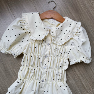 OLIU TOP | Áo sơ mi nhún phối cổ bèo hoạ tiết chấm bi phong cách trẻ trung, năng động | ByMintt