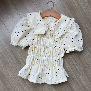 OLIU TOP | Áo sơ mi nhún phối cổ bèo hoạ tiết chấm bi phong cách trẻ trung, năng động | ByMintt
