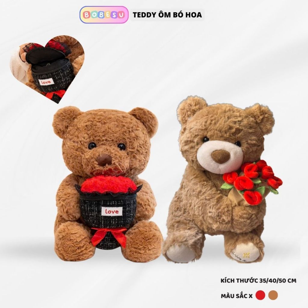 [ Tặng+Viết Thiệp ] Gấu bông teddy ôm bó hoa hồng có ngăn để đồ làm quà tặng sinh nhật, valentine cho bạn gái,người yêu