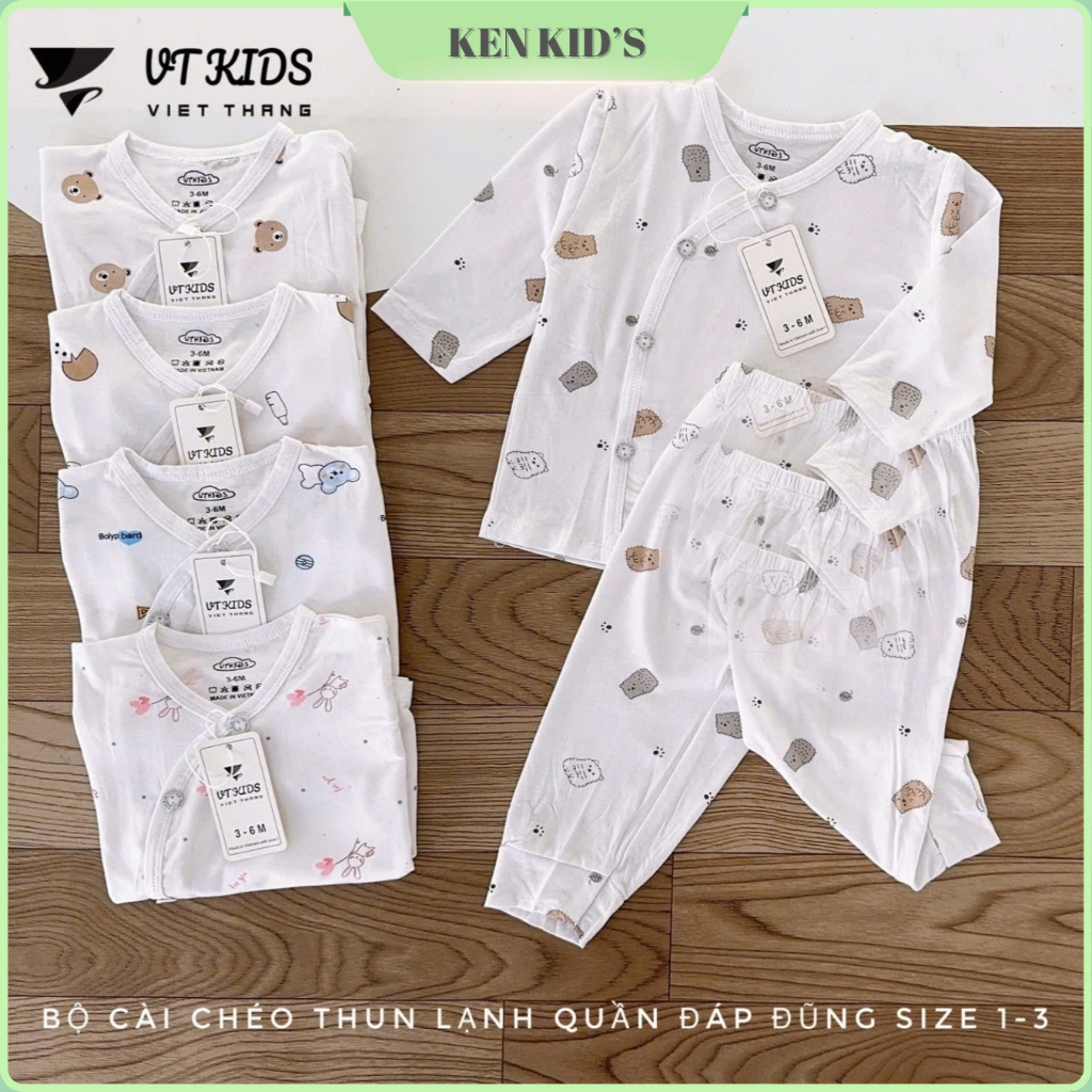 [Combo 3-5] Bộ quần áo dài tay cho bé vải thun lạnh thoáng mát nền trắng size từ 3-9kg VT DLT02