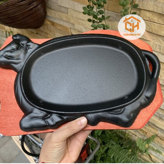 Bộ Chảo Gang Làm Bò Beefsteak, Bánh Mỳ Chảo Kèm Đế Lót Gỗ Cam Homeware