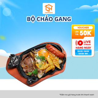 Bộ Chảo Gang Làm Bò Beefsteak, Bánh Mỳ Chảo Kèm Đế Lót Gỗ Cam Homeware