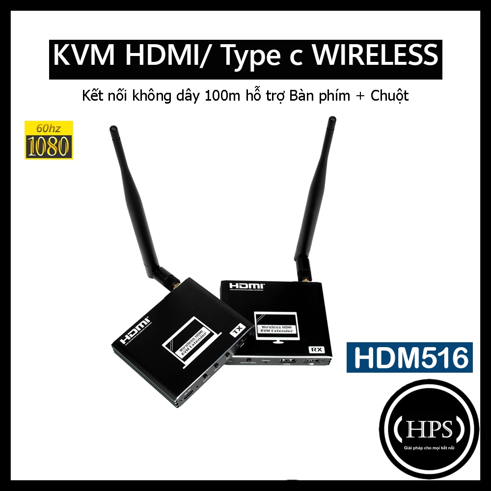 KVM Hdmi, USB không dây - khoảng cách kết nối 100m hỗ trợ 1080, kết nối chuột, bàn phím - HPS HDM516