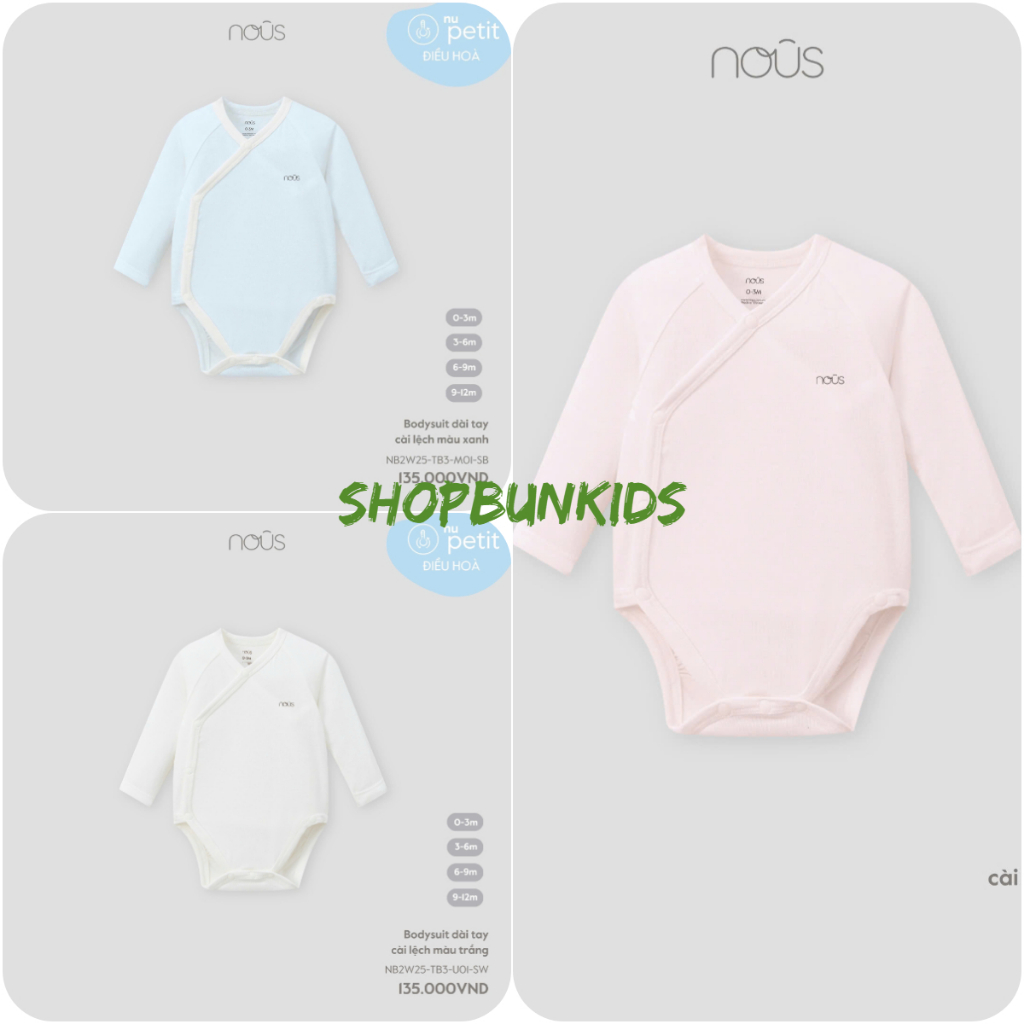 [ Nous ] Bodysuit dài tay sơ sinh Nous 0-3 / 3-6 / 6-9 vải petit hè mỏng mát / Body chip dài tay / Bộ liền thân