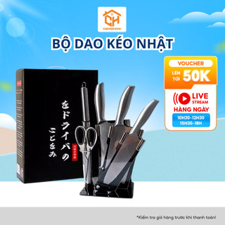 Bộ Dao Kéo Nhật Inox 6 Món Đúc Nguyên Khối Cao Cấp Sử Dụng Tiện Lợi Cho Nhà Bếp, Độ Bén Và Bền Cao - Tặng Kèm Khay Đựng