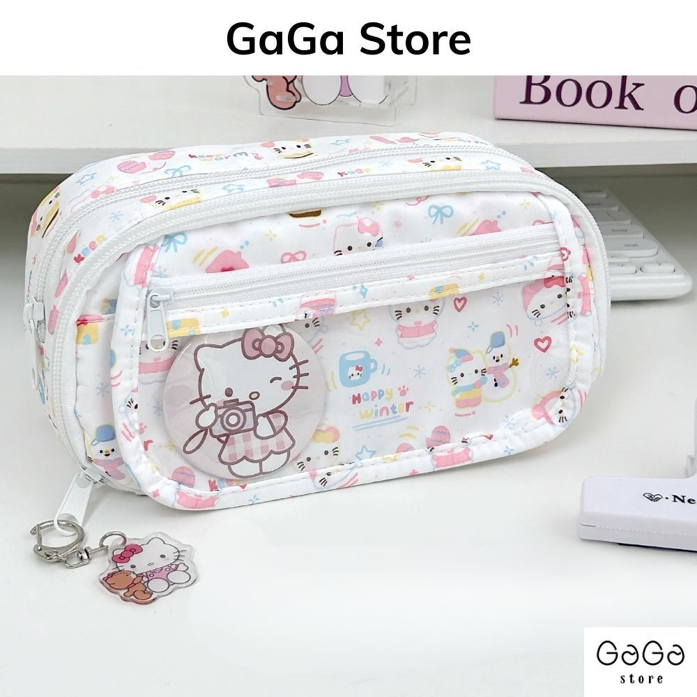 Hộp bút nhiều ngăn, bóp viết vải giá rẻ họa tiết hello kitty dễ thương cho học sinh cấp 2 vừa máy tính PKV083 gagastore