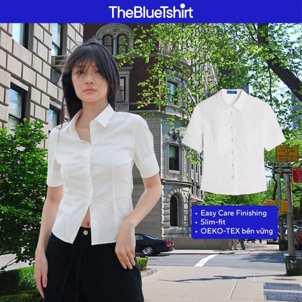TheBlueTshirt - Áo sơ mi trắng phom ôm basic tay ngắn bảng măng sét to cho nữ - Upper Side Shirt - Women