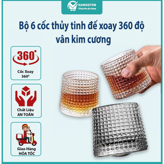 Bộ 6 cốc thủy tinh đế xoay 360 độ - ly thủy tinh chịu nhiệt vân kim cương cao cấp