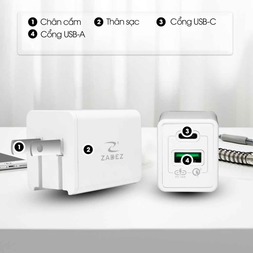 Củ Sạc Nhanh ZADEZ ZTA-4211 - Sạc Nhanh 18W Công Nghệ An Toàn, Chống Quá Tải