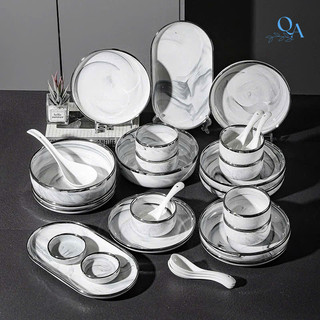 Bộ bát đĩa sứ cao cấp vân đá VIỀN BẠC, bộ bát đĩa sứ vân mây LUXURY TABLEWARE, HOME DECOR, QUÀ TẶNG