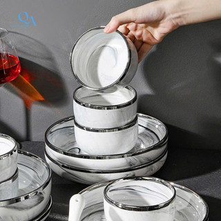 Bộ bát đĩa sứ cao cấp vân đá VIỀN BẠC, bộ bát đĩa sứ vân mây LUXURY TABLEWARE, HOME DECOR, QUÀ TẶNG