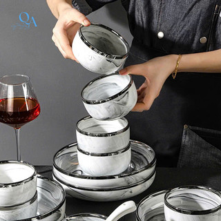 Bộ bát đĩa sứ cao cấp vân đá VIỀN BẠC, bộ bát đĩa sứ vân mây LUXURY TABLEWARE, HOME DECOR, QUÀ TẶNG