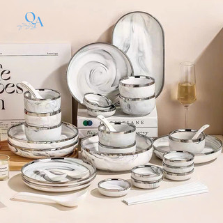 Bộ bát đĩa sứ cao cấp vân đá VIỀN BẠC, bộ bát đĩa sứ vân mây LUXURY TABLEWARE, HOME DECOR, QUÀ TẶNG