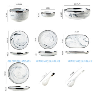 Bộ bát đĩa sứ cao cấp vân đá VIỀN BẠC, bộ bát đĩa sứ vân mây LUXURY TABLEWARE, HOME DECOR, QUÀ TẶNG