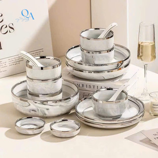 Bán lẻ| Bát đĩa sứ vân đá VIỀN BẠC cao cấp| Bộ bát đĩa sứ 26 món/pcs vân mây| Bộ bát đĩa đẹp LUXURY TABLEWARE