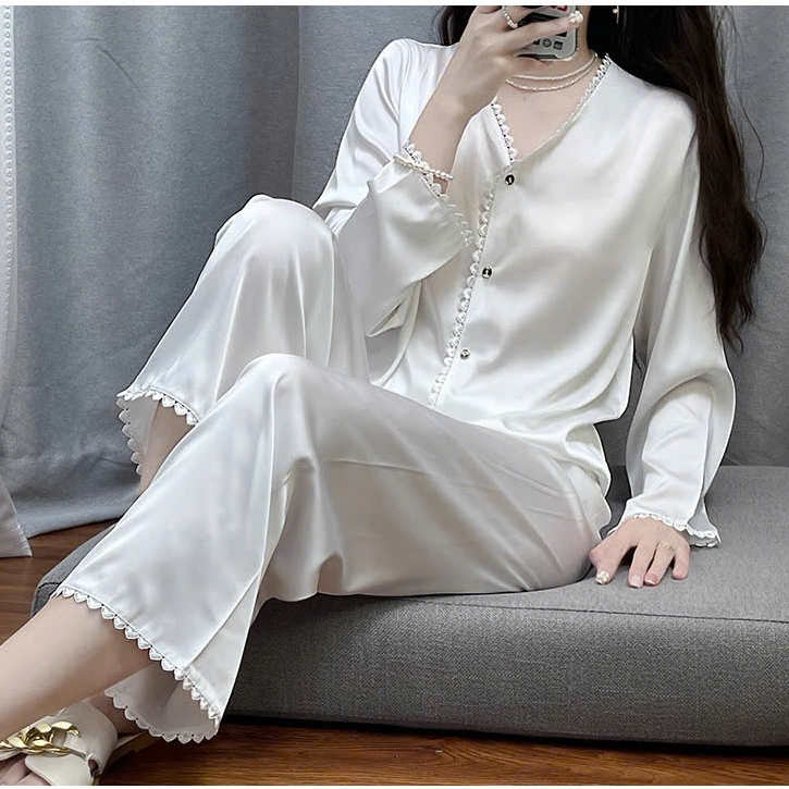 Đồ bộ LUXURY PIJAMA lụa latin cao cấp, mềm mịn sang trọng tay dài trắng trơn TD028