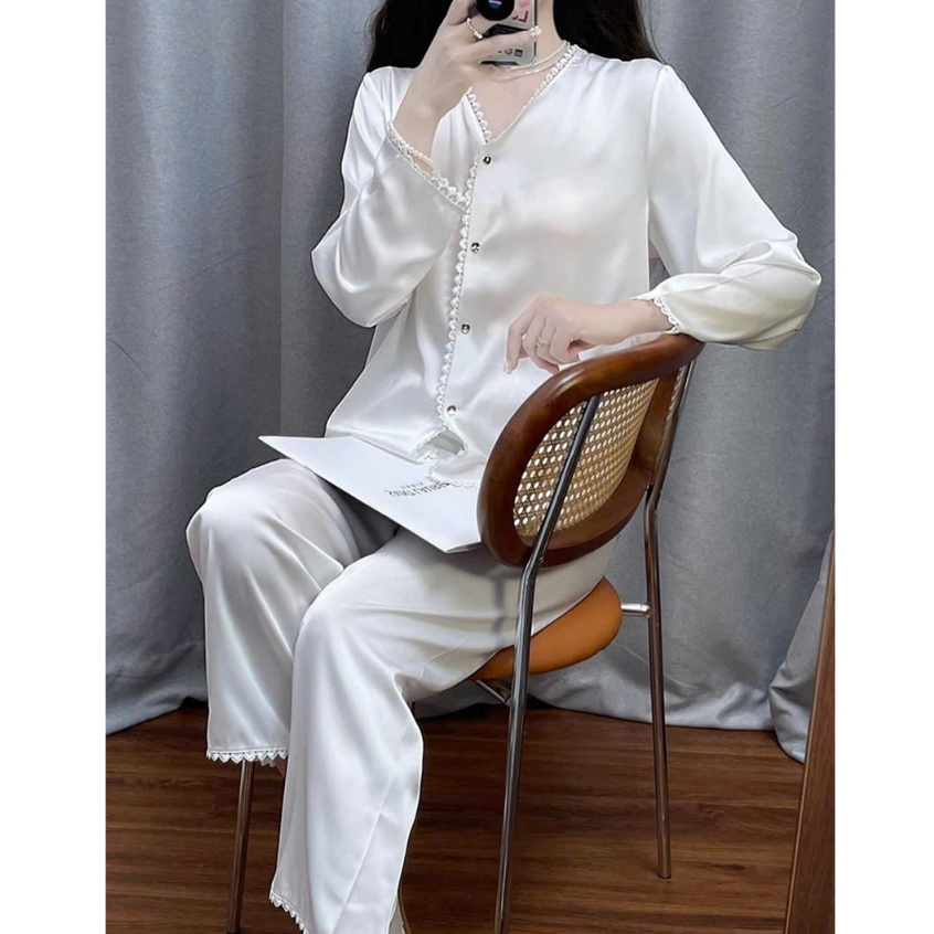 Đồ bộ LUXURY PIJAMA lụa latin cao cấp, mềm mịn sang trọng tay dài trắng trơn TD028