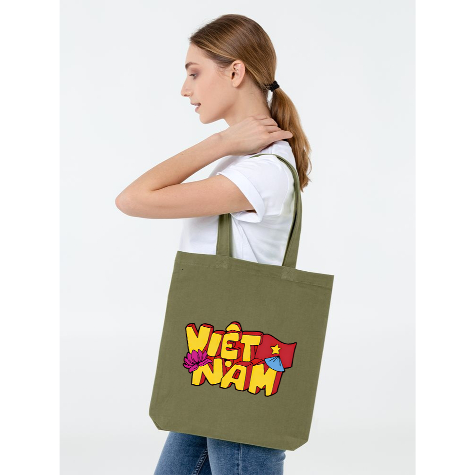 Túi Tote canvas màu đỏ CÓ Khóa Kéo TÔI YÊU VIỆT NAM CỜ ĐỎ SAO VÀNG túi vải đeo vai phong cách thời trang đựng đồ tuid01